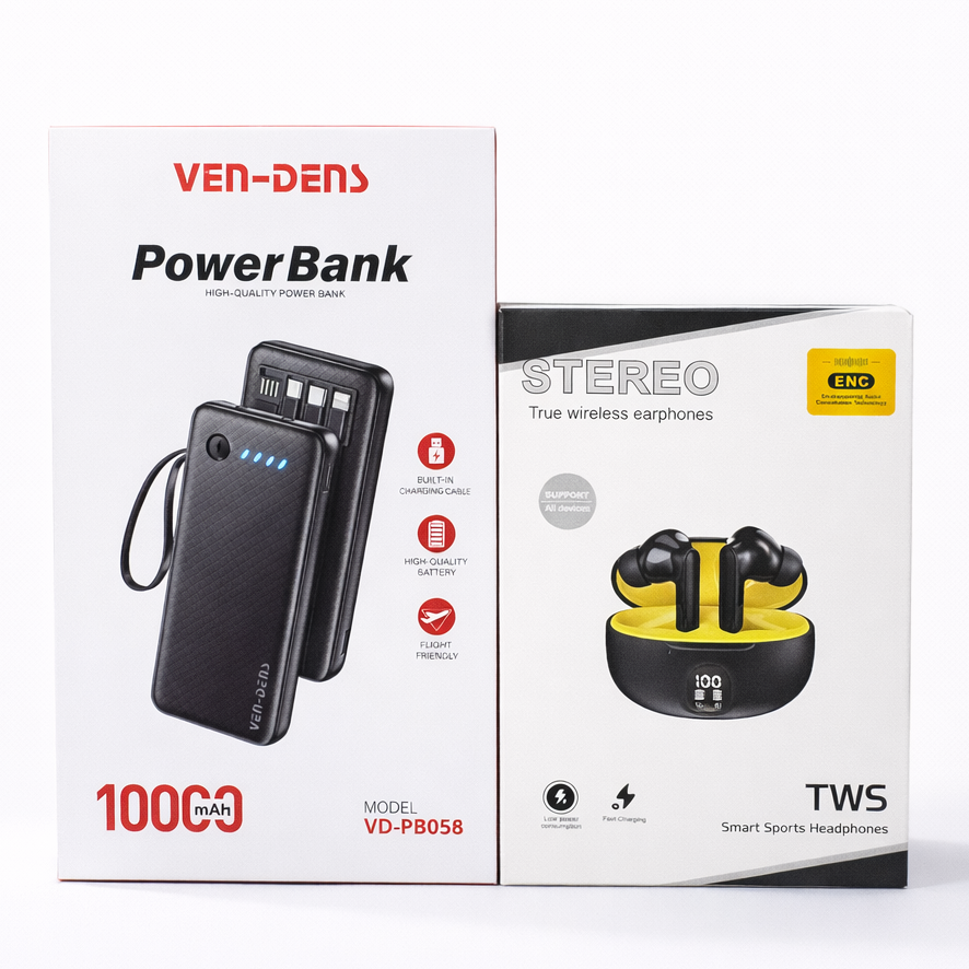 🔥 VEN-DENS Cable Power Bank  + TWS Earbuds Combo 🎧🔋